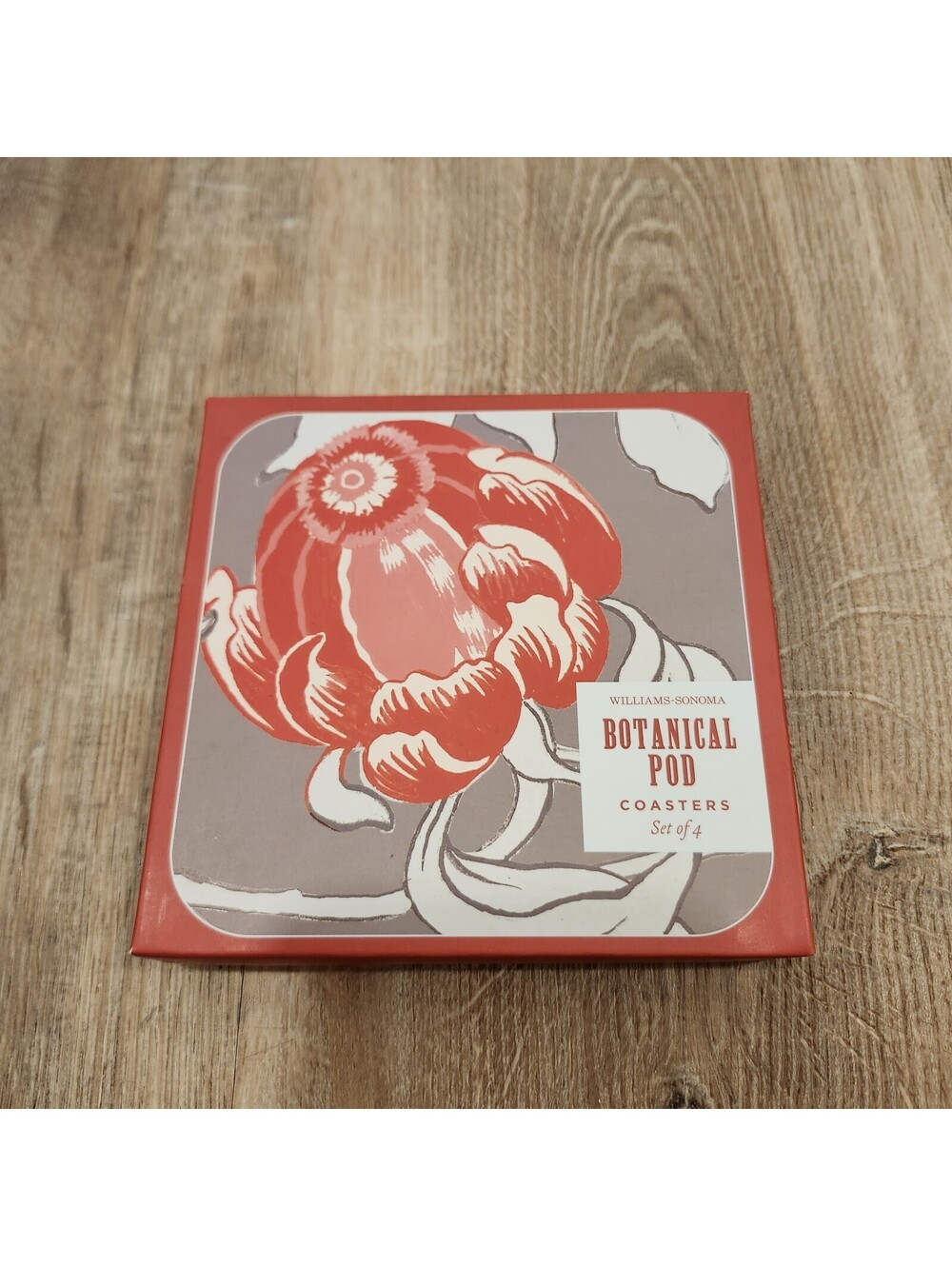 WILLIAMS SONOMA 4 Printed BOTANICAL POD Hard Coasters w/Box Cork Red Gray New